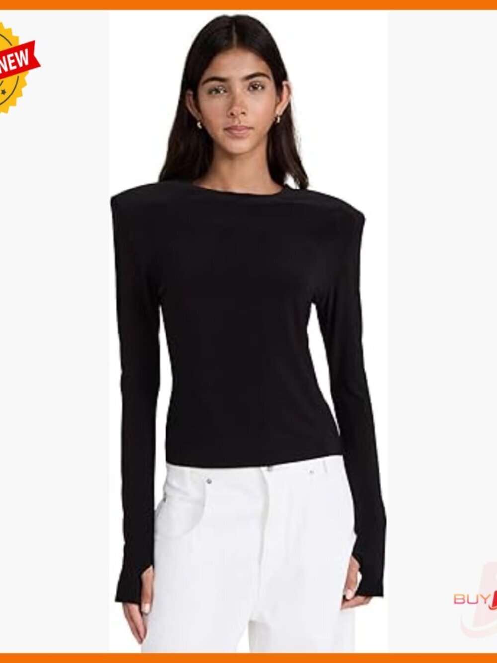 Long Sleeve Crew Top with Shoulder Pads, Thumb Holes, Relaxed Fit